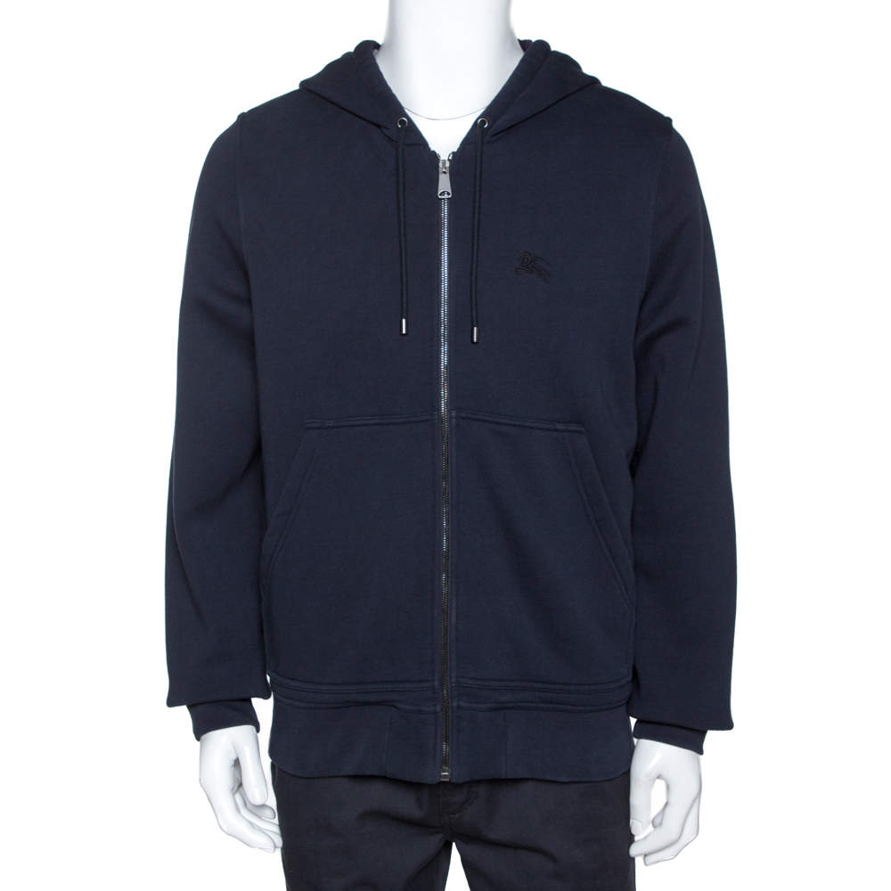 Burberry Midnight Blue Cotton Zip Front Hooded Sweatshirt L