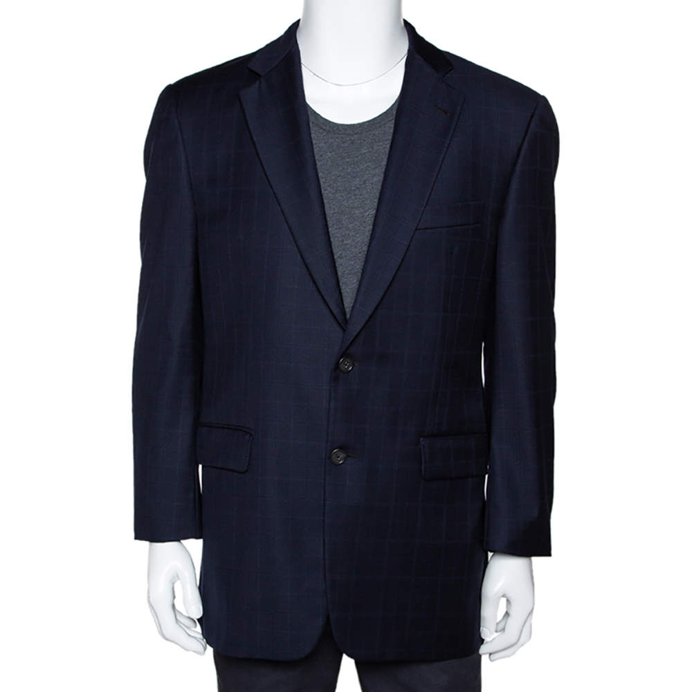 Burberry Navy Blue Checked Wool Two Buttoned Tailored Blazer M