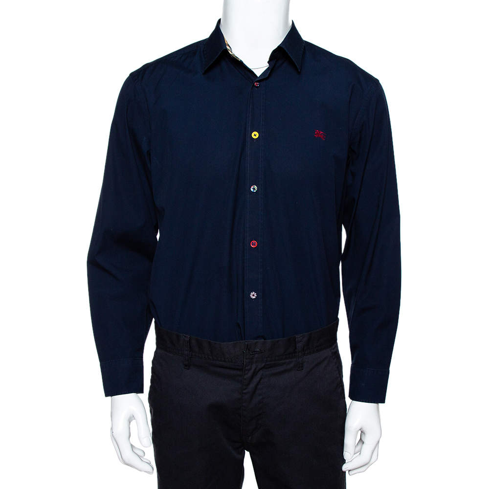 مملوكة مسبقًا Burberry Navy Blue Cotton Multi Button Long Sleeve Shirt XL