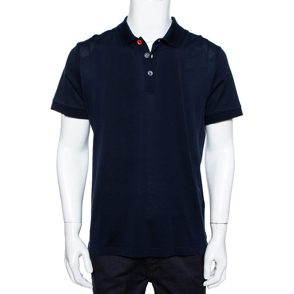 Pre Owned Burberry Navy Blue Cotton Pique Button Detail Polo T-Shirt L