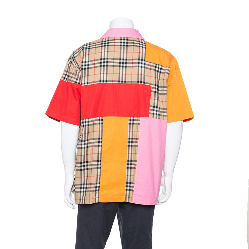 Burberry Color Block Vintage Check Cotton Zip Front Shirt XL 