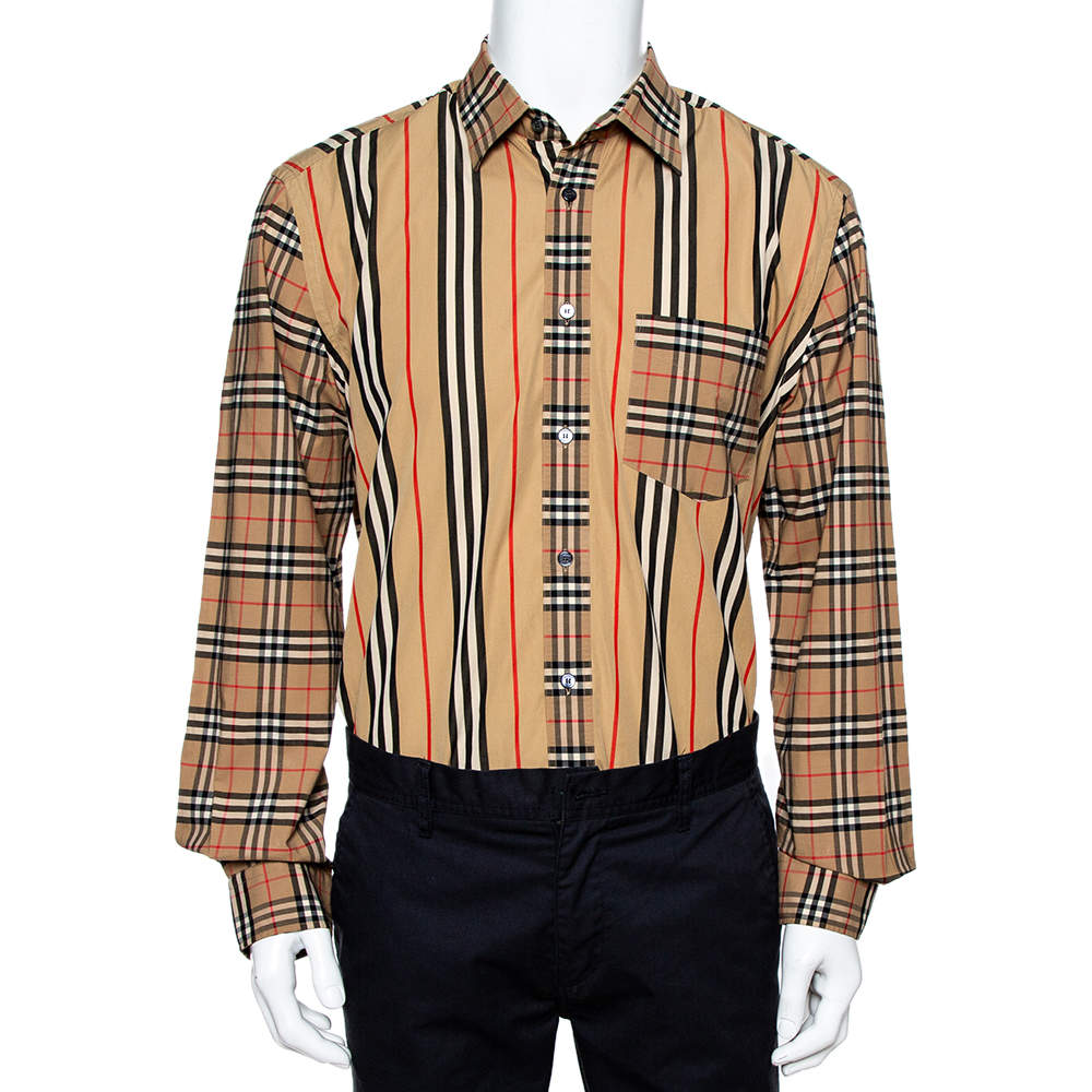 Pre Owned Burberry Beige Patchwork Stretch Cotton Classic Fit Shirt XL