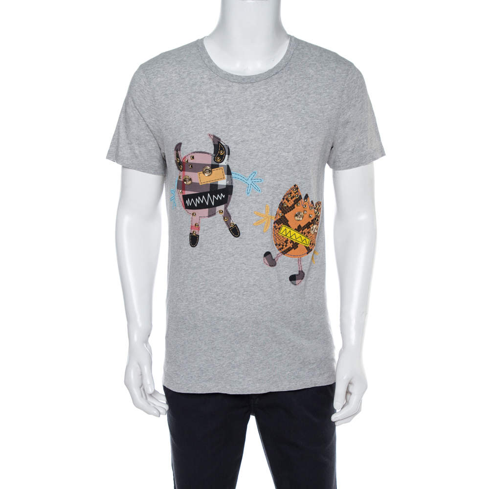 Burberry Grey Melange Cotton Creature Motif Embellished T-Shirt M