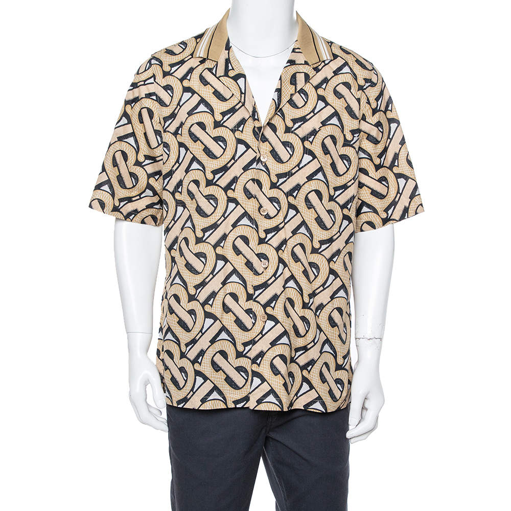 Pre Owned Burberry Brown TB Logo Monogram Cotton & Knit Collar Detail Bowling Shirt L