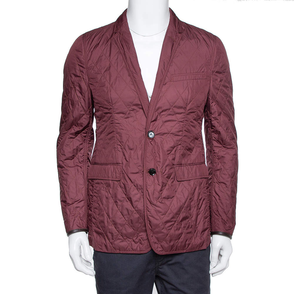 Pre Owned Burberry Burgundy Quilted Synthetic Long Jacket L
