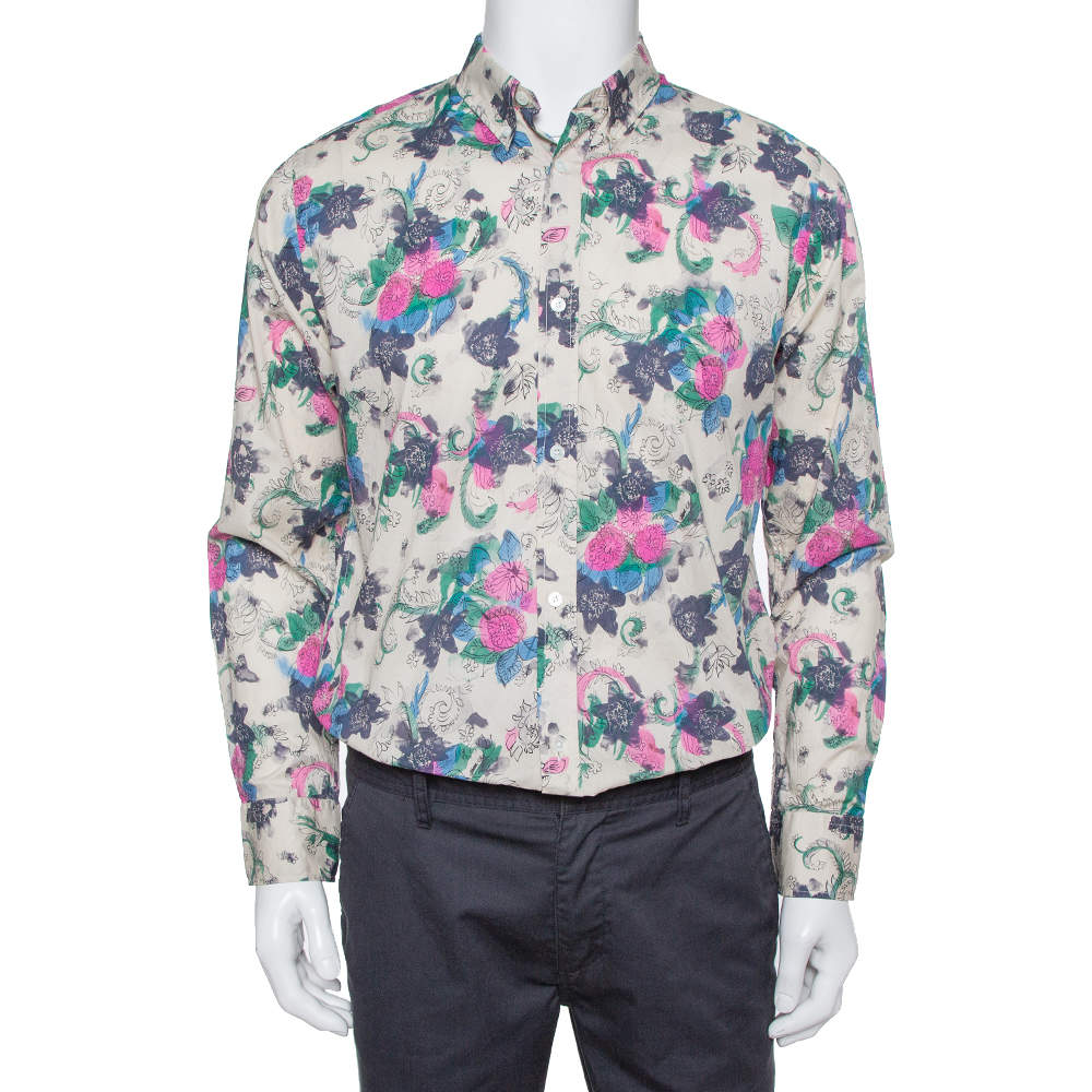 Burberry Multicolor Watercolor Floral Printed Cotton Button Front Shirt L
