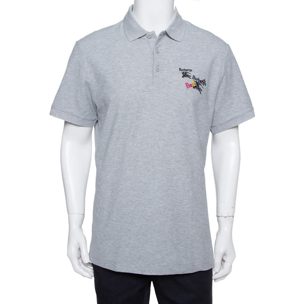 Pre Owned Burberry Grey Cotton Pique Triple Archive Logo Embroidered Polo T-Shirt XL