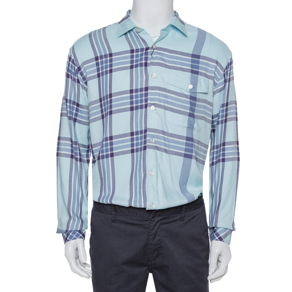 مملوكة مسبقًا قميص بربري قطن أزرق كاروهات بأزرار أمامية مقاس متوسط - ميديوم