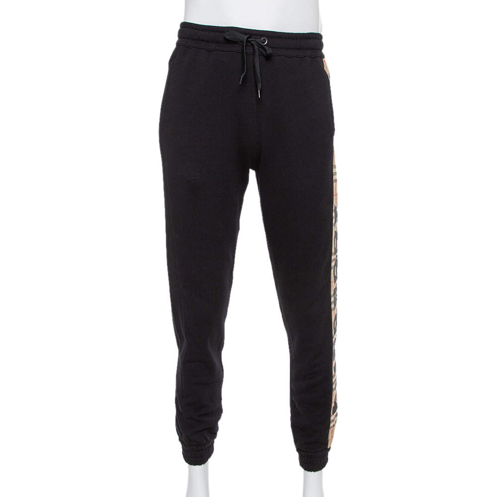 Pre Owned Burberry Black Cotton Vintage Check Logo Side Stripe Detail Joggers XS