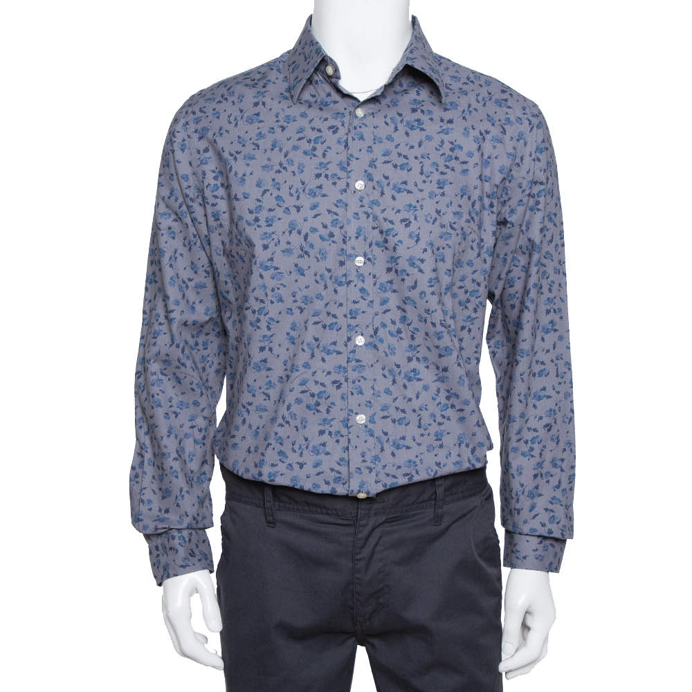 Pre Owned Burberry Grey Floral Print Cotton Connock Button Front Shirt L