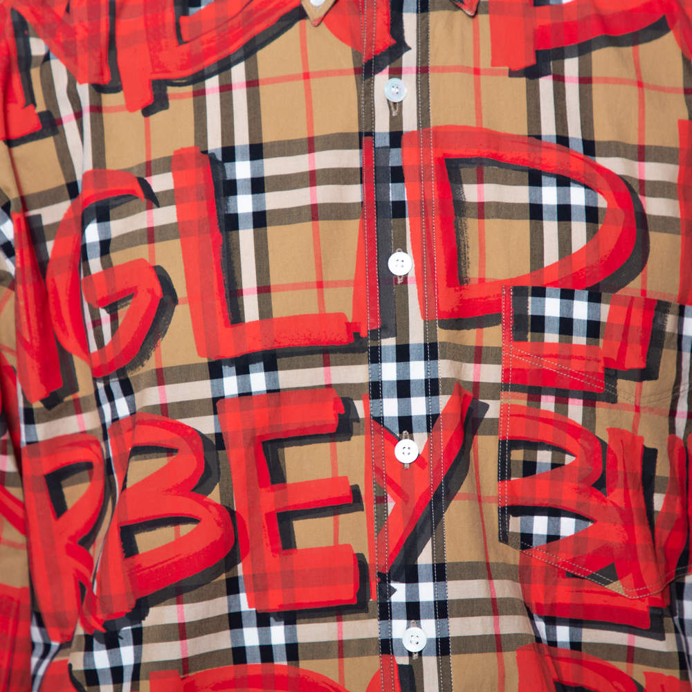 Burberry Beige Nova Check Cotton Graffiti Print Long Sleeve Jameson Shirt XXXL Burberry TLC