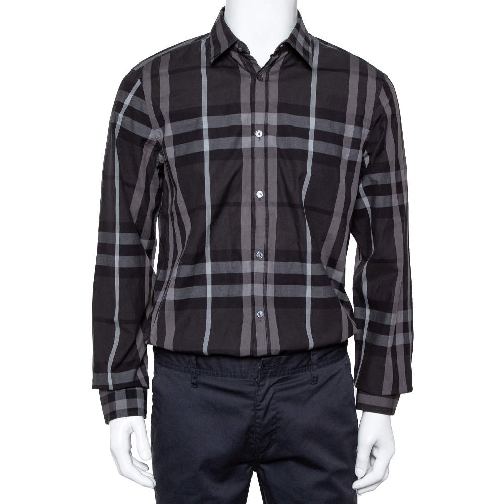 Pre Owned قميص بربري تريفورث أزرار أمامية قطن مربعات نوفا رصاصي مقاس كبير (لارج)