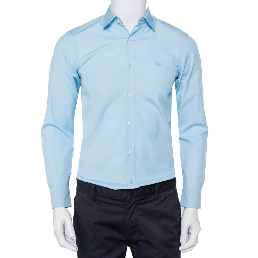 مملوكة مسبقًا قميص بربري قطن أزرق كاروهات نوفا بأزرار أمامية مقاس صغير جدًا - إكس سمول