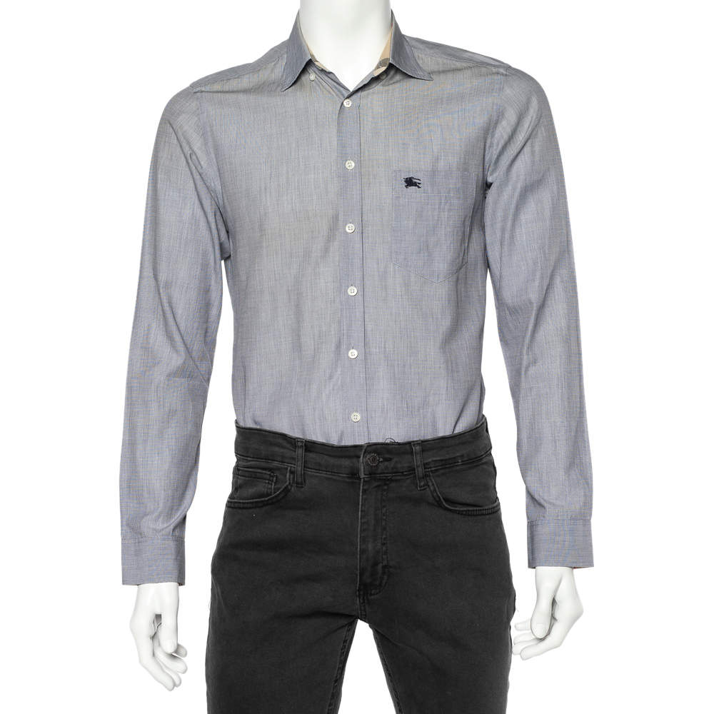 Pre Owned Burberry Grey Cotton Nova Check Trim Detail Button Front Shirt S