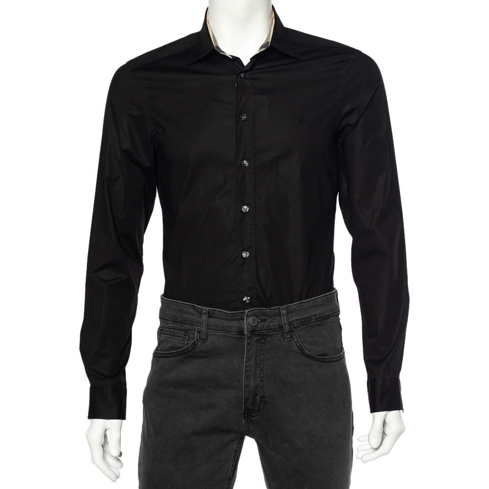 مملوكة مسبقًا قميص بربري قطن أسود تفاصيل كاروهات نوفا تشيك بأزرار أمامية مقاس صغير - سمول 