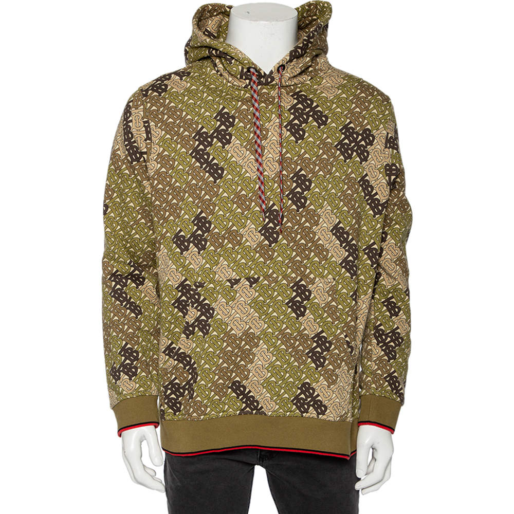 Burberry Green Logo Camouflage Printed Cotton Knit Hoodie L