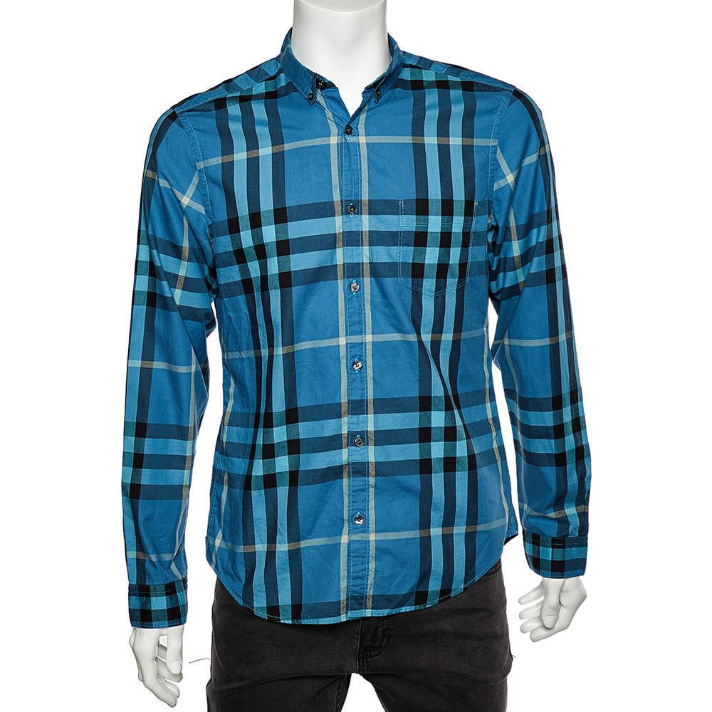Pre Owned Burberry Brit Blue Checkered Cotton Button Front Shirt M