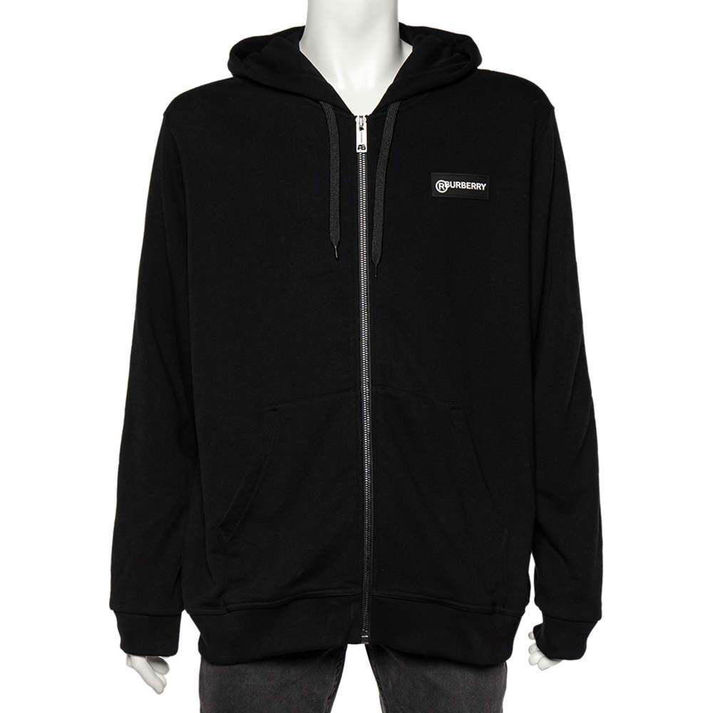 Pre Owned Burberry Black Cotton Logo Check Panel Detail Hooded Sweatshirt XL