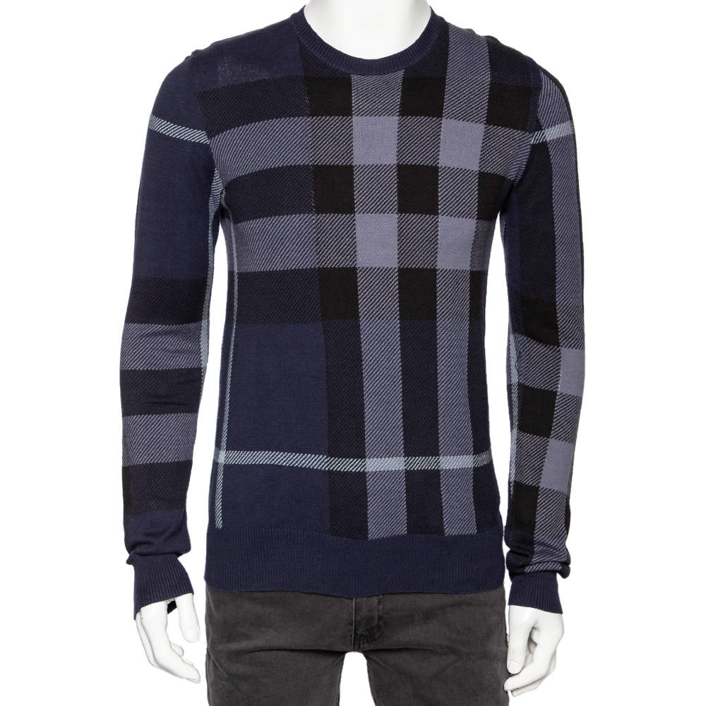 Burberry Navy Blue Checkered Cotton Knit Crewneck Sweater M Burberry ...