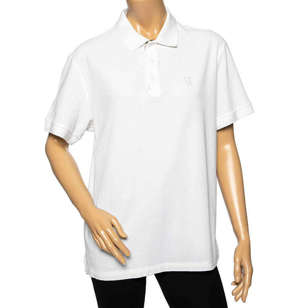 مملوكة مسبقًا تي شيرت بولو بربري  قطن بيكيه أبيض مطرز بشعار مقاس كبير جدًا - إكس لارج