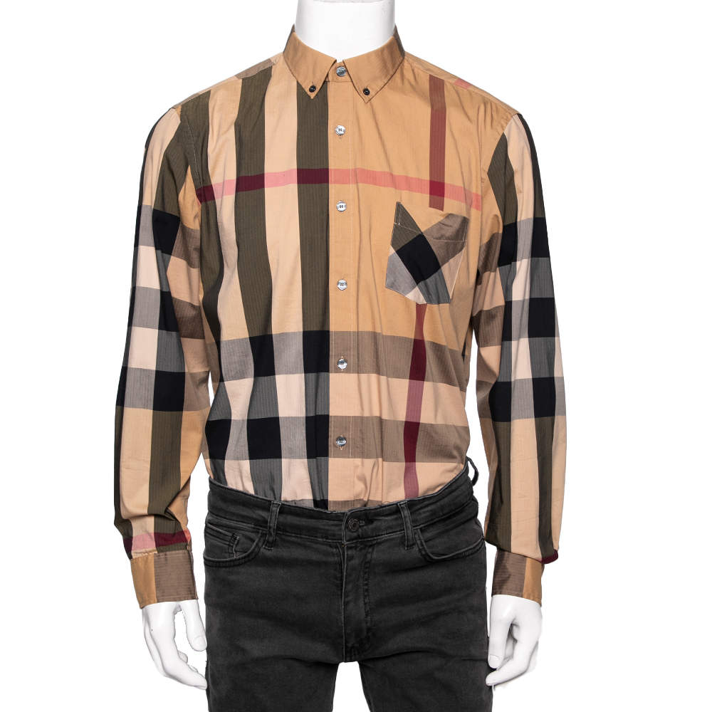 Pre Owned قميص بربري قطن كاروهات نوفاتشيك بيج بأزرار أمامية مقاس كبير جدًا جدًا - إكس إكس لارج