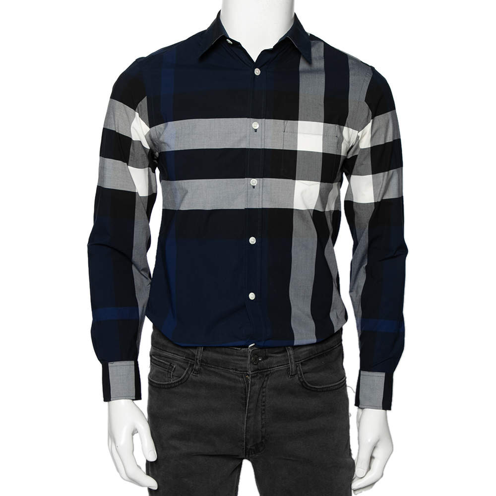 Pre Owned Burberry Blue Exploded Check Cotton Button Front Shirt XS