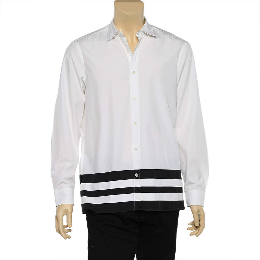 Pre Owned Burberry White Cotton Striped Hem Detail Button Front Shirt L