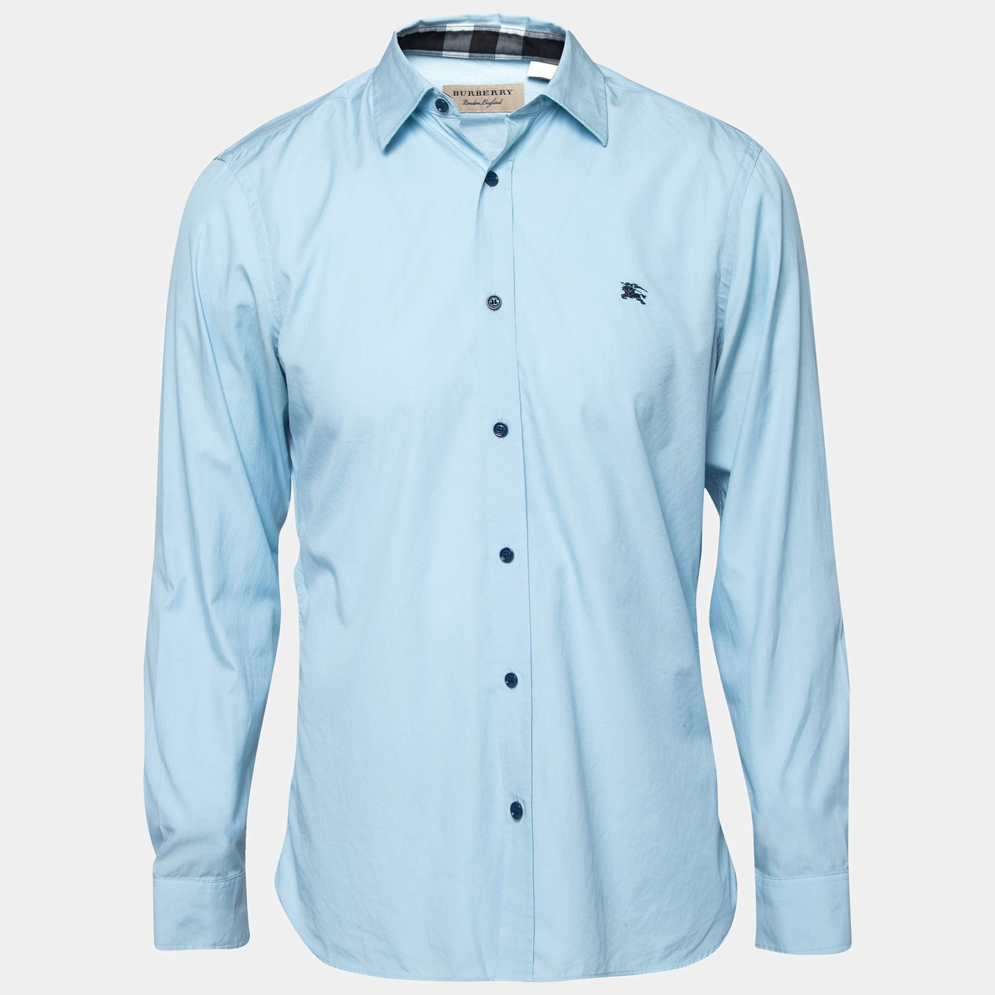 Pre Owned قميص بربري قطن أزرق أزرار أمامية مقاس متوسط