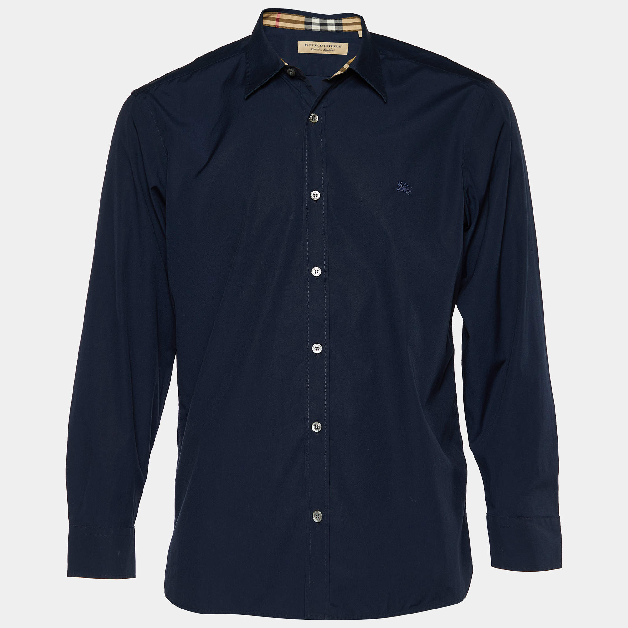 Burberry Men's Outlet Long Sleeve Stretch Cotton Slim Fit Dress newest Shirt Dark Navy