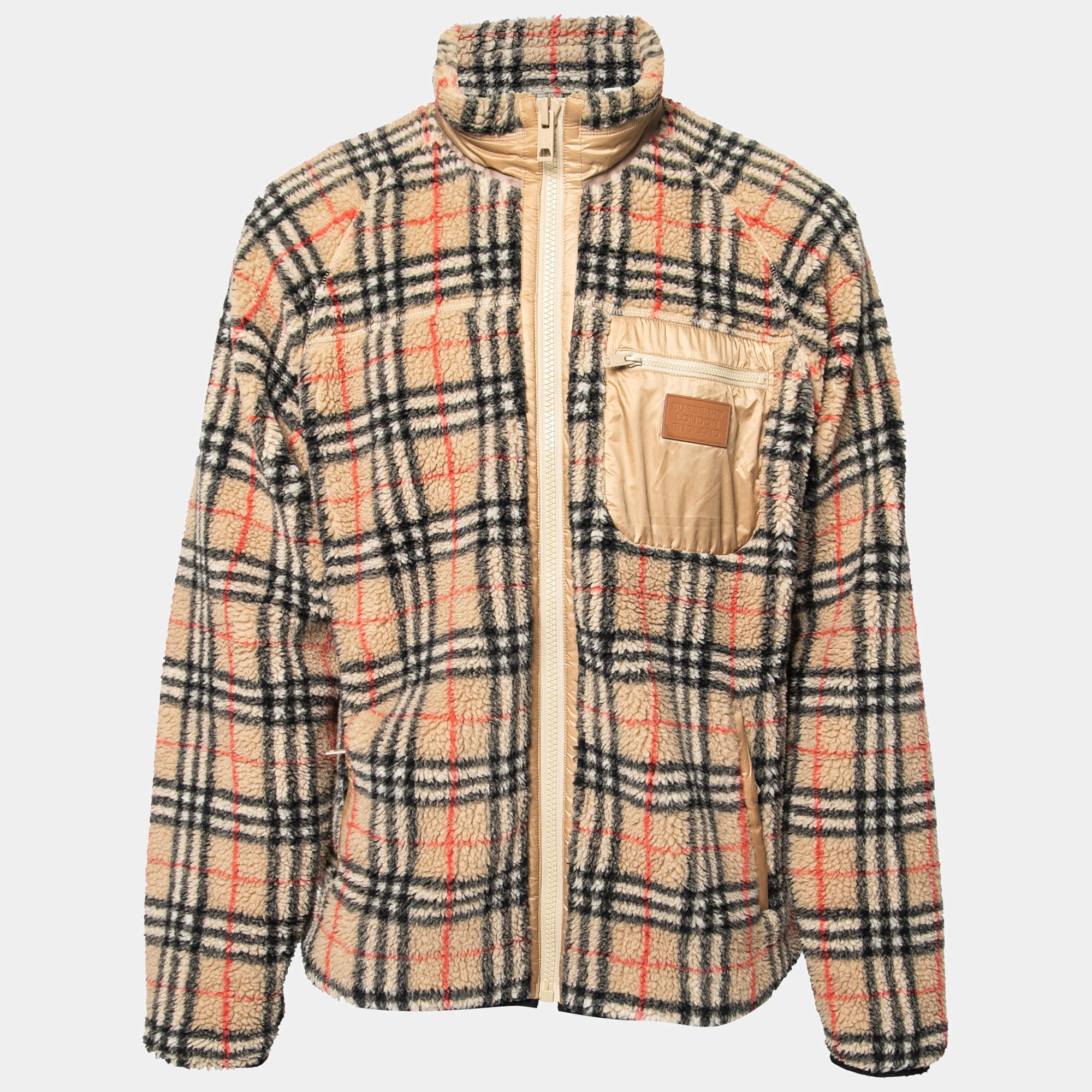 Pre Owned Burberry Beige Vintage Check Fleece Zip Front Jacket XL