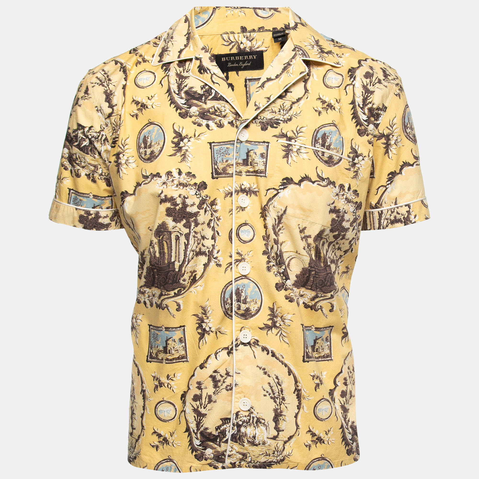 Burberry Butter Yellow Castle Print Cotton Pyjama Style Shirt M