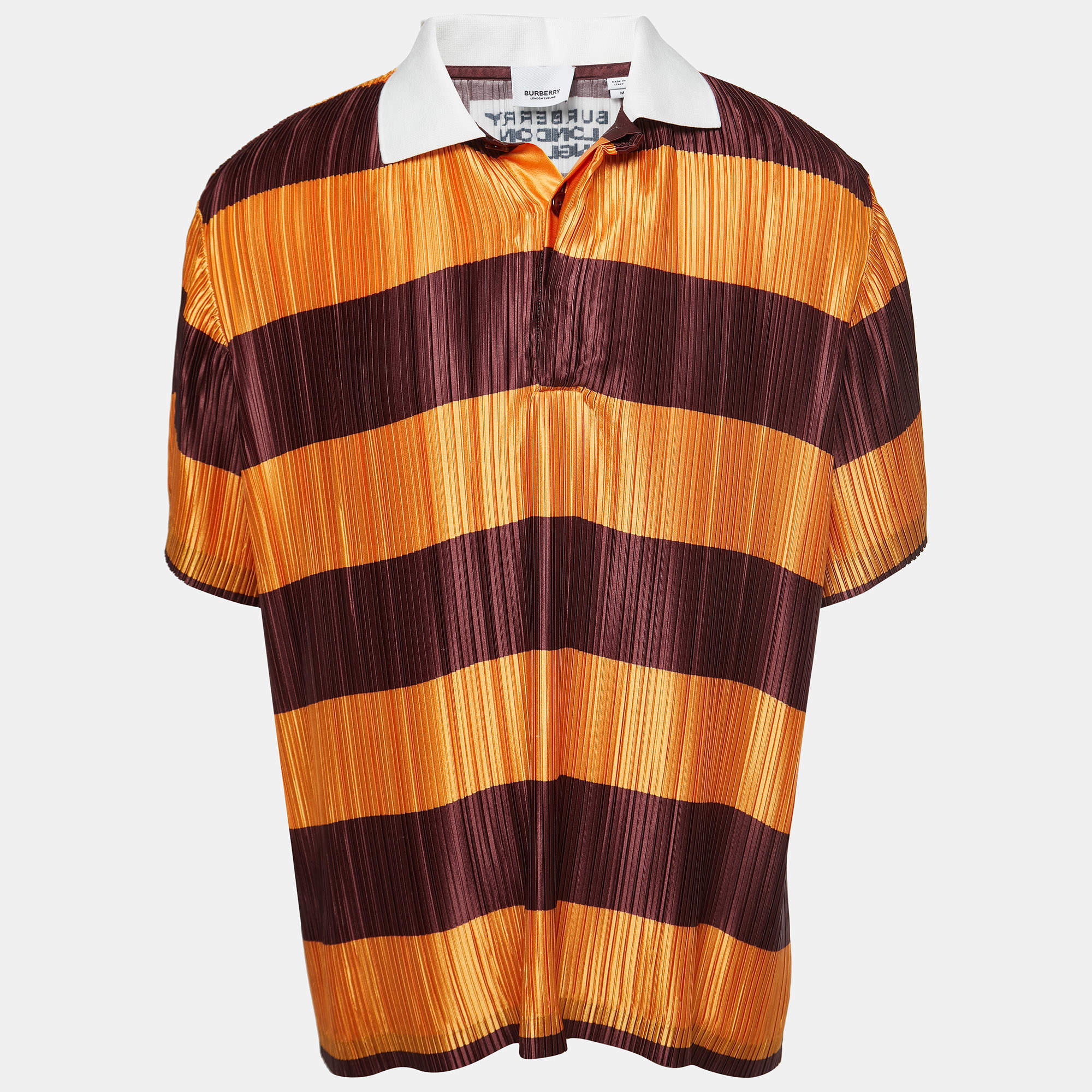 Pre Owned Burberry Brown/Orange Striped Plisse Pleated Polo T-Shirt M