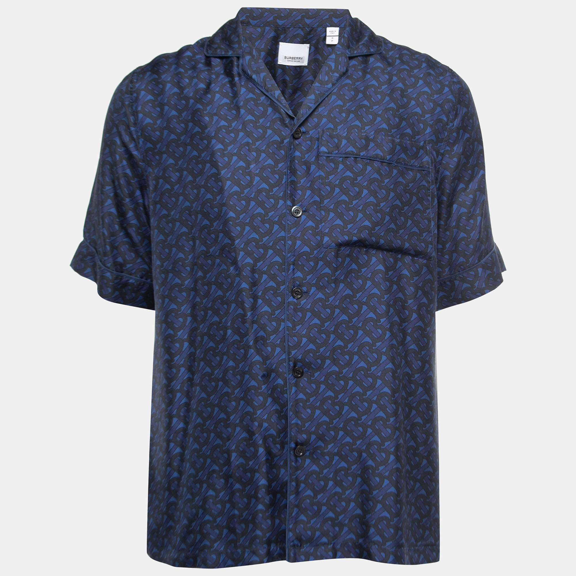 Burberry Blue Monogram Printed Silk Bowling Shirt S