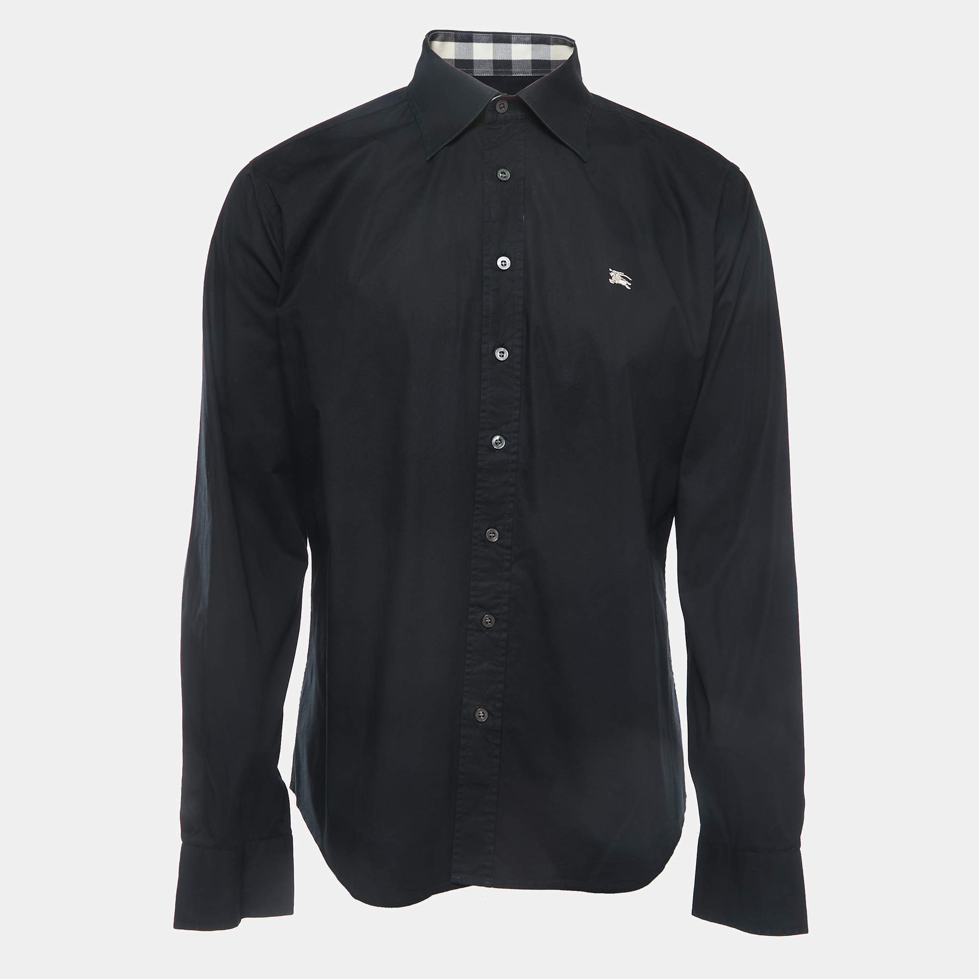 Pre Owned Burberry Black Logo Embroidered Cotton Button Front Slim Fit Shirt XL