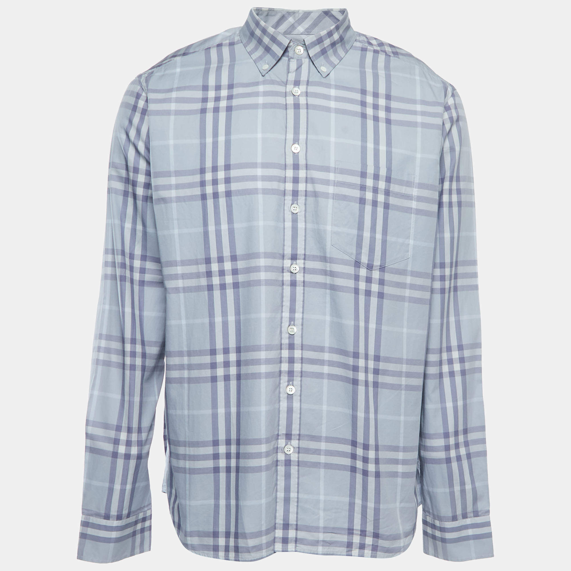 مملوكة مسبقًا Burberry Blue Plaid Cotton Button Down Full Sleeve Shirt XL