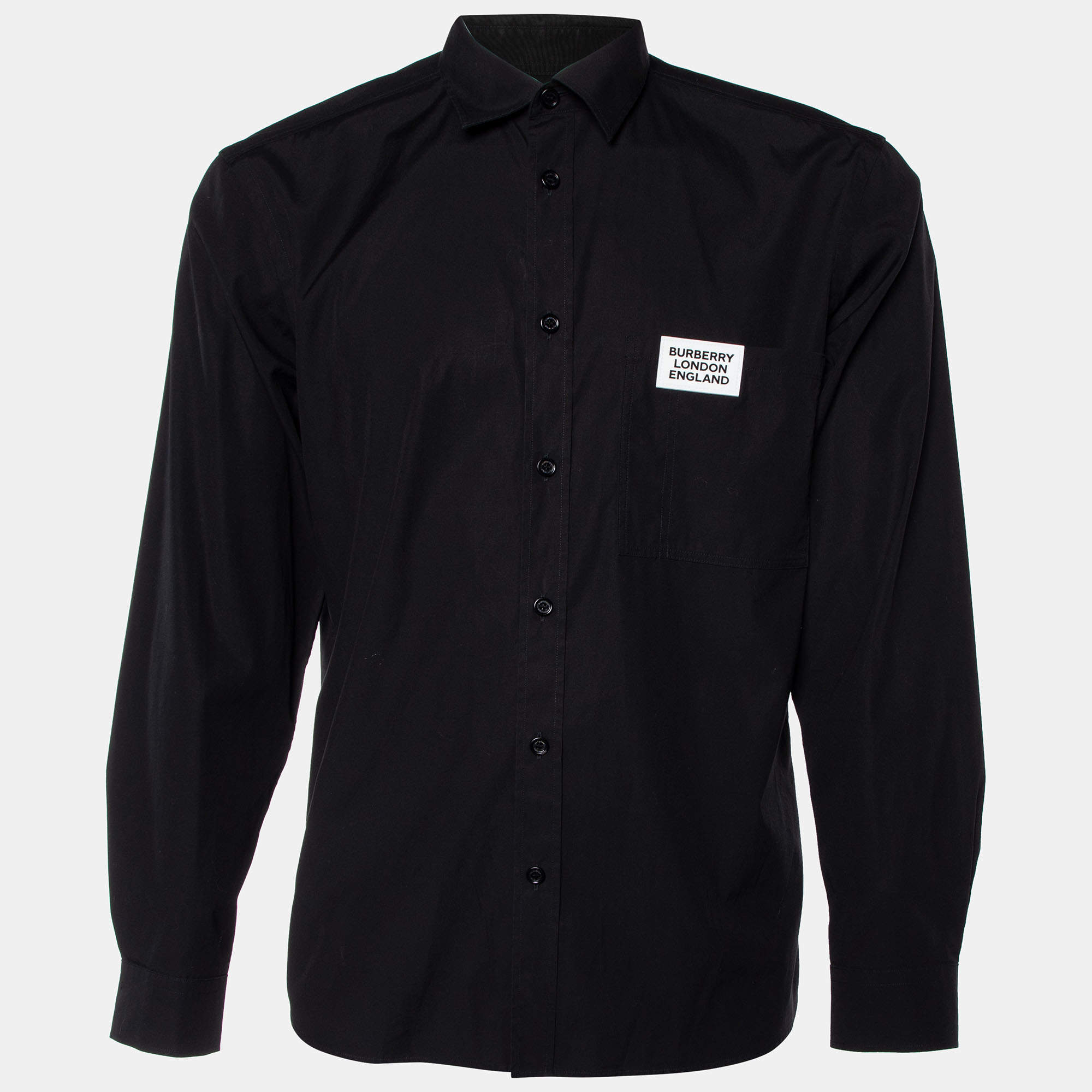 Pre Owned Burberry Black Logo Pocket Detail Cotton Button Front Shirt L