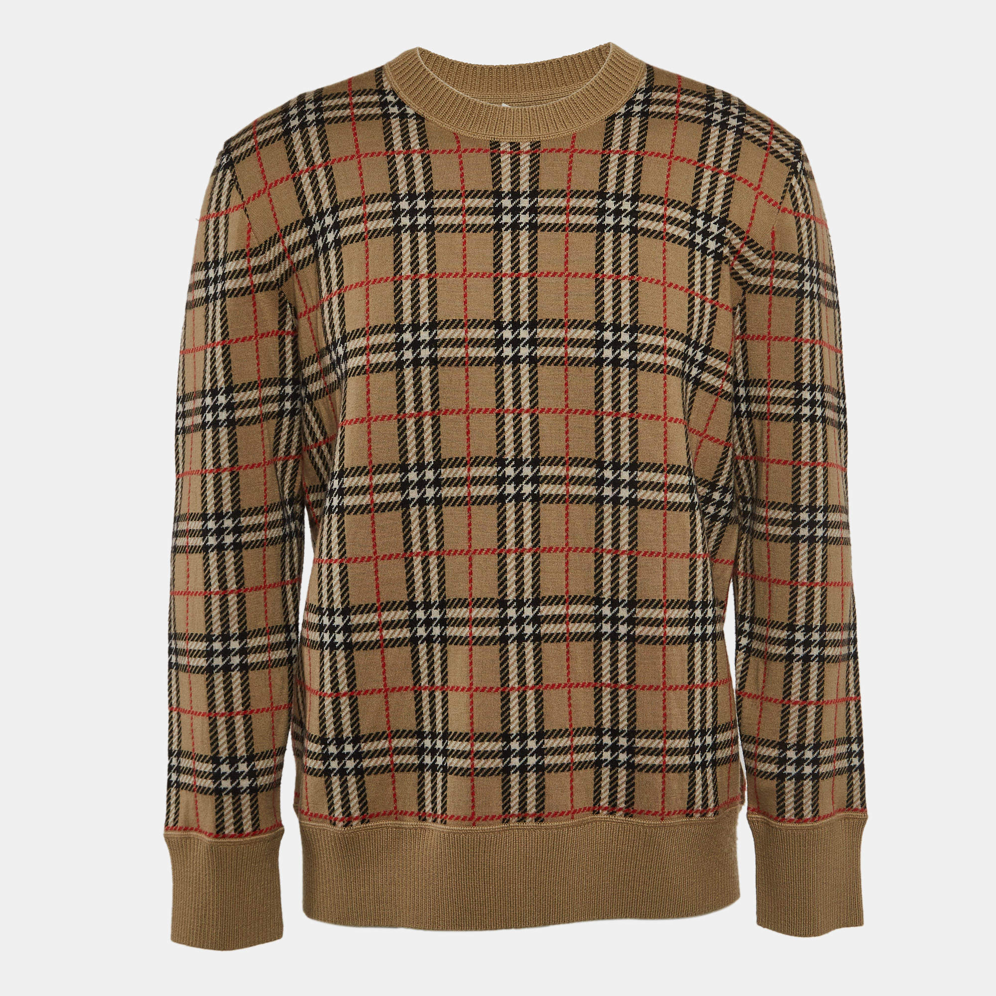 Burberry Beige Checked Merino Wool Knit Crew Neck Sweatshirt M
