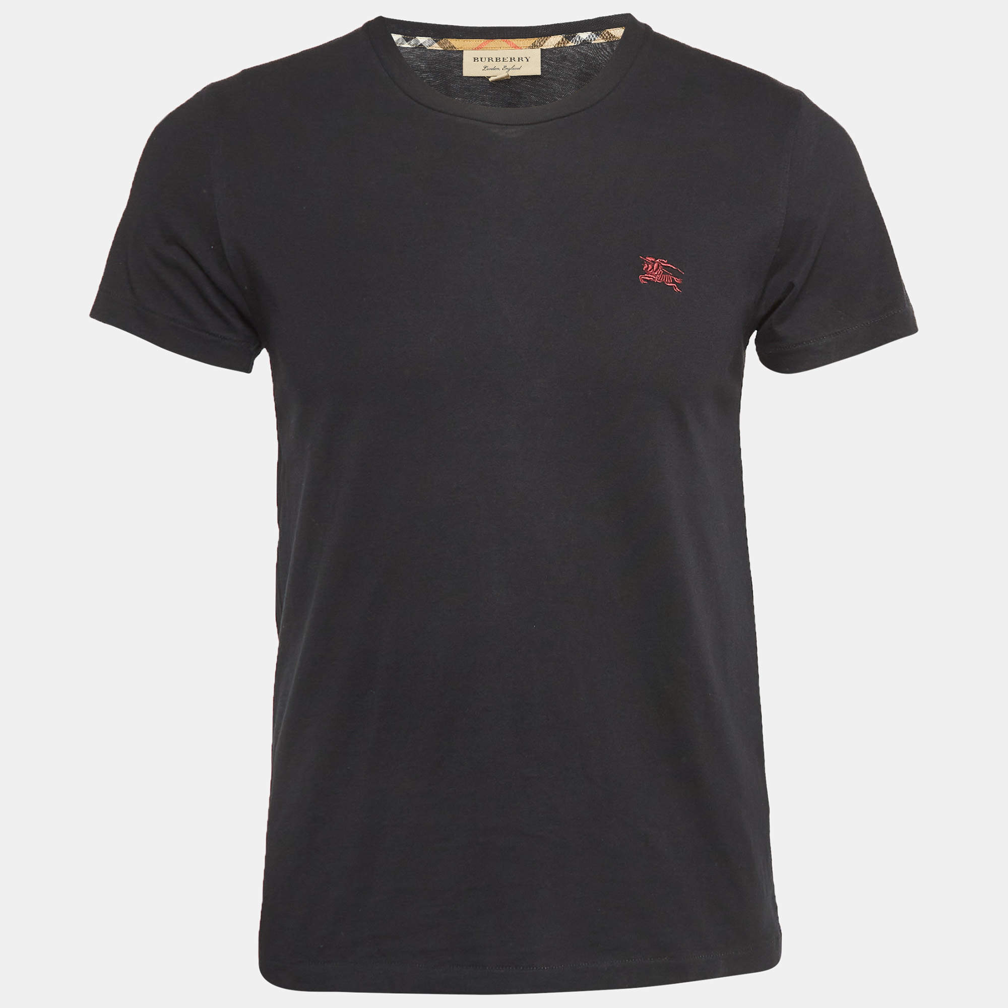 Pre Owned Burberry Black Cotton Logo Embroidered Crew Neck T-Shirt S