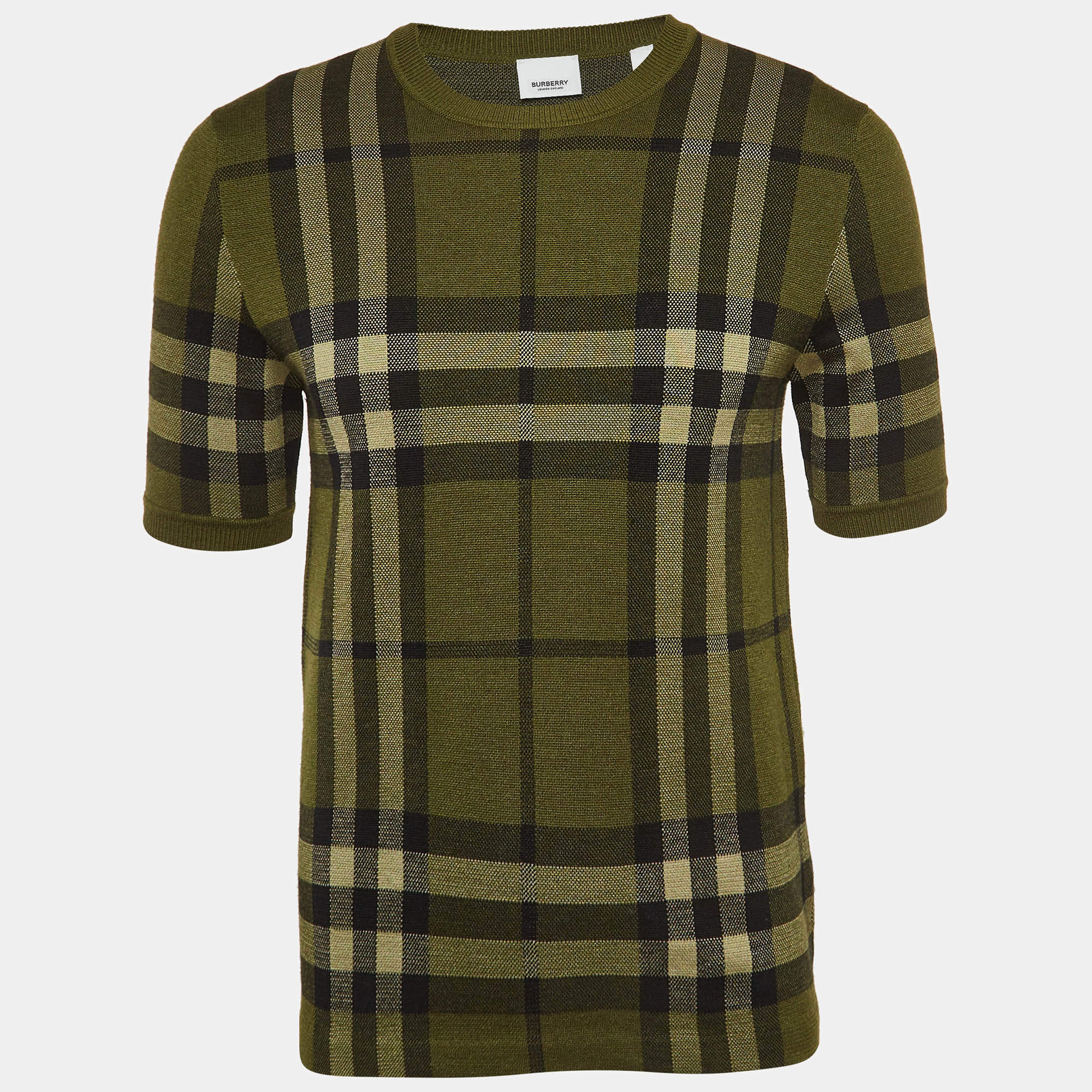 Burberry Green Plaid Wool Blend Knit T-Shirt XS