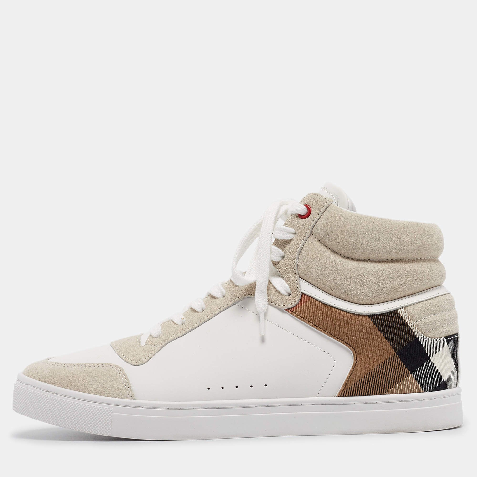 مملوكة مسبقًا Burberry White House Check Leather and Suede Reeth Trainers Sneakers Size 43