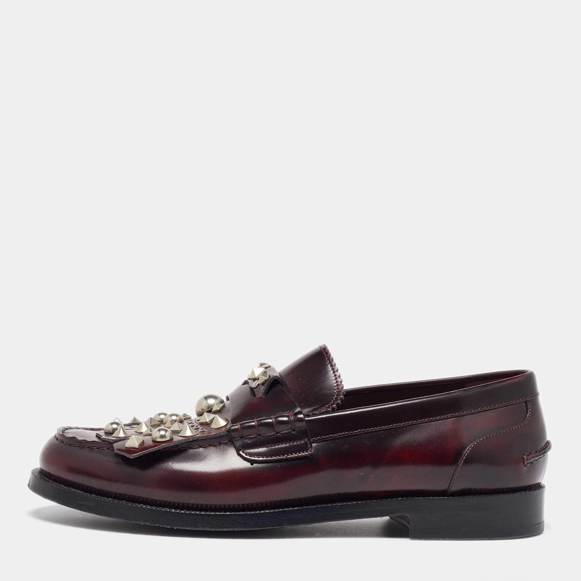 Burberry Brown Leather Studded Kiltie Fringe Loafers Size 43