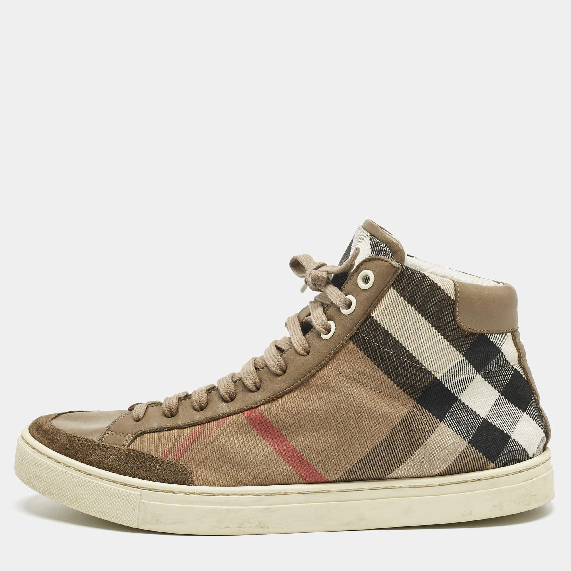 مملوكة مسبقًا Burberry Beige/Brown House Check Canvas and Leather High Top Sneakers Size 41
