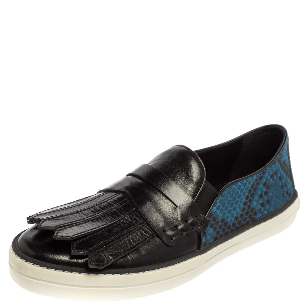 Burberry Black/Blue Leather And Canvas Fringe Penny Slip On Sneakers Size 39