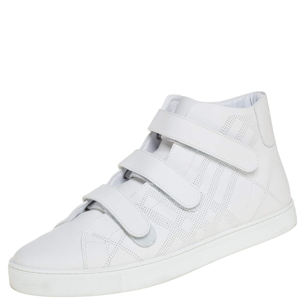 Pre Owned Burberry White Perforated Leather Sturrock High Top Sneakers Size 46