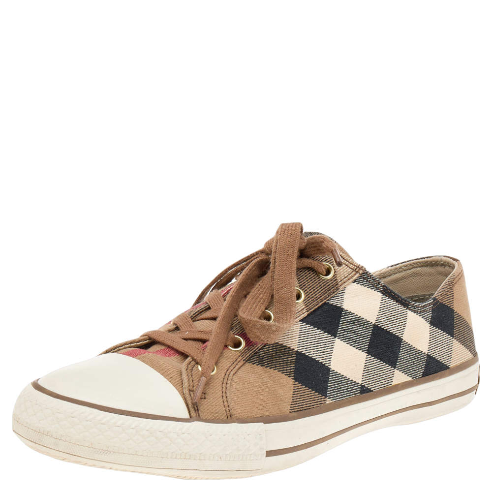 Burberry Beige/White House Check Canvas And Leather Lace Up Low Top Sneakers Size 41
