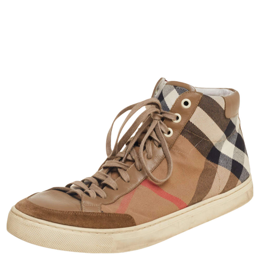 Burberry Brown Leather And Check Canvas High Top Sneakers Size 43