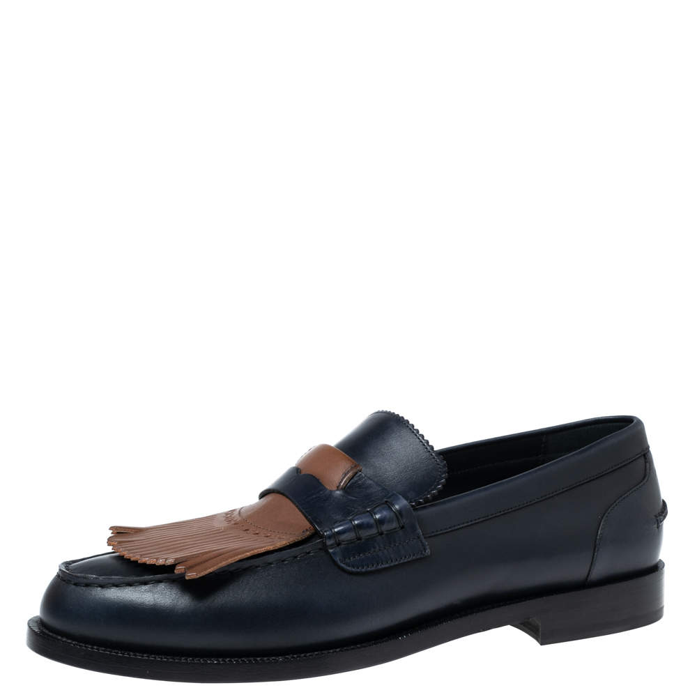 مملوكة مسبقًا Burberry Dark Blue Leather Bedmoore Fringe Detail Penny Loafers Size 45