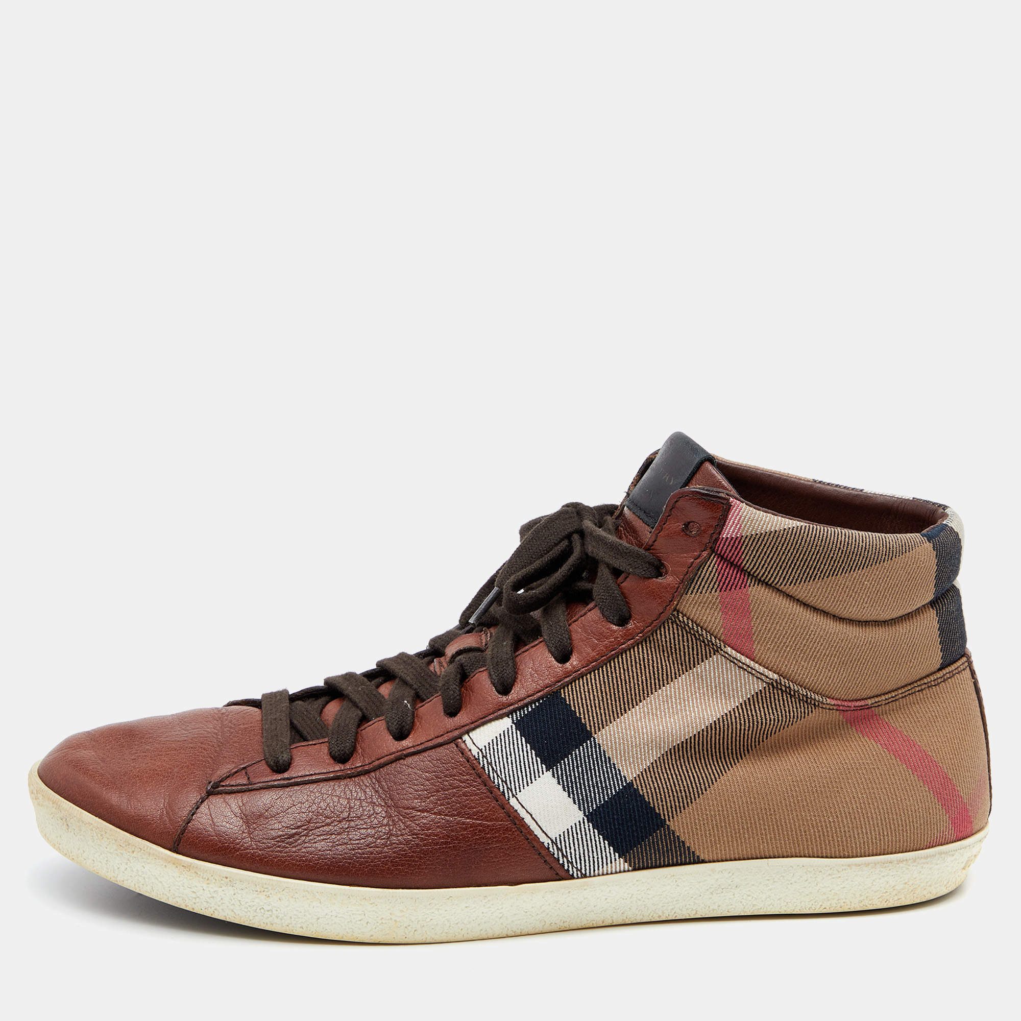 Pre Owned حذاء رياضي بربري جلد وكانفاس كاروهات هاوس تشيك بيج/بني مقاس 41