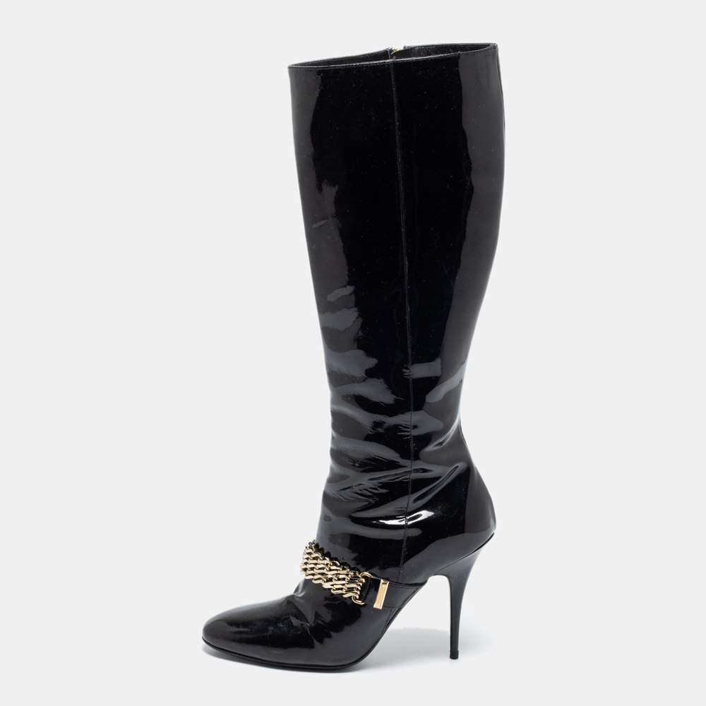 Pre Owned Burberry Black Patent Leather Chain Knee Length Boots Size 37