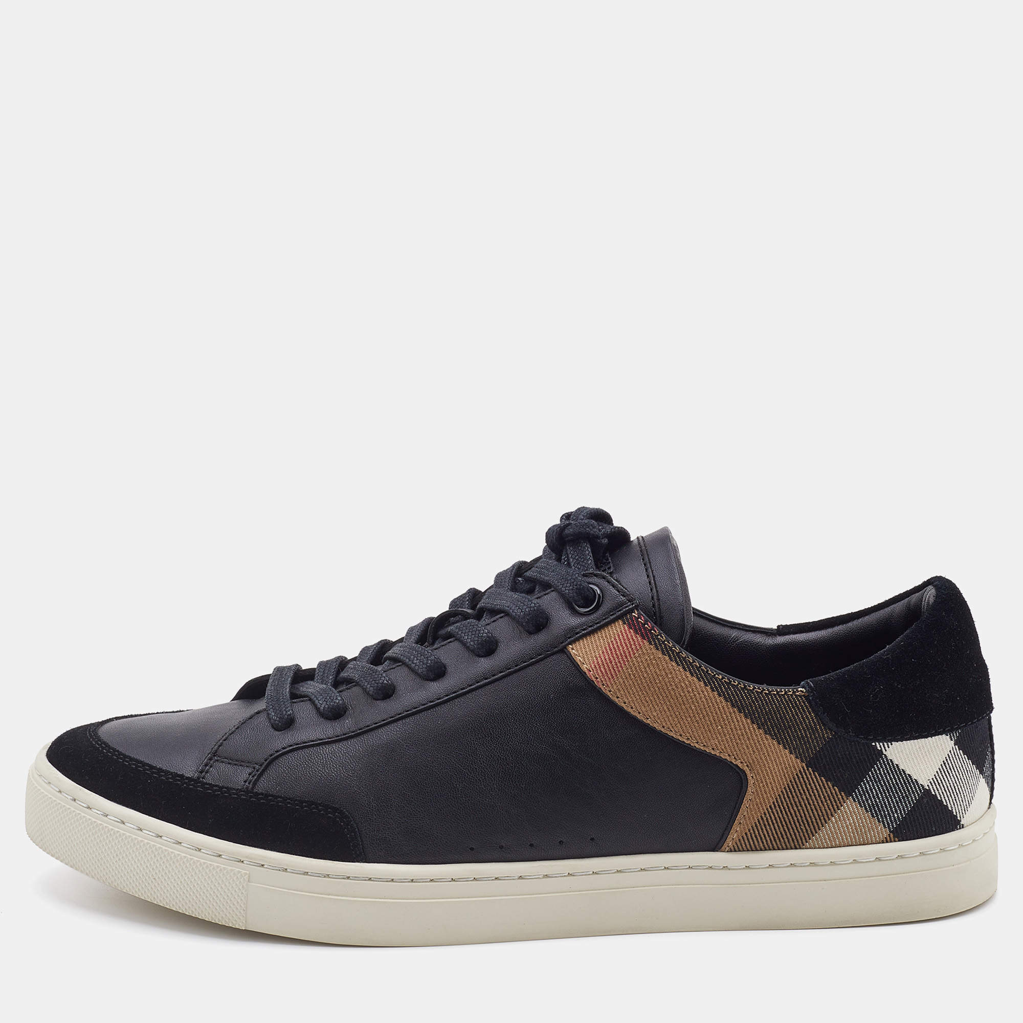 Burberry Black/Beige Leather and House Check Canvas Low Top Sneakers Size 43
